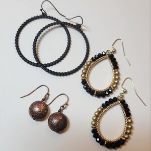 3 Pairs of Black Gold Bronze Earrings - good condition